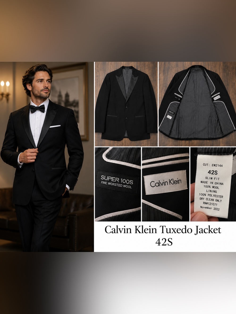 Calvin Klein 42S Super 100s Wool Black Tuxedo Jacket Satin Lapel Slim Fit